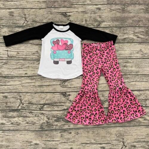 Spring Valentines Day Style Tractor with Hearts Raglan Shirt Leopard Flare Pants Baby Girl Boutique Outfist