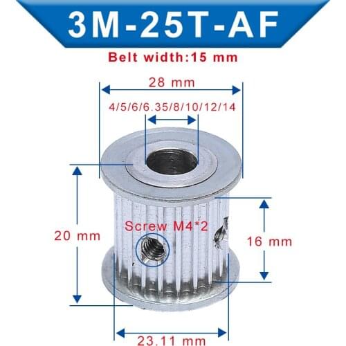 Timing Pulley 3M25T Bore 4/5/6/6.35/8/10/12/14 mm Aluminum Belt Pulley Slot Width 16 mm Fit For 3M-synchronous belt Width 15mm