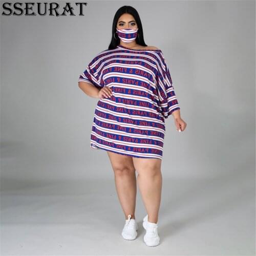SSEURAT Plus Size Striped Midi Dress Streetwear Basic Short Sleeve Plunging O-neck Casual Summer Dresses