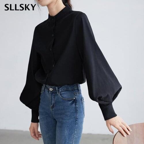 SLLSKY Vintage Stand Collar Lantern Sleeve White Shirts Women Autumn Winter Thicken Blouses Female 2020 New Simple Solid Tops