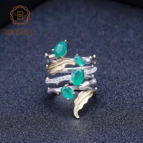 GEMS BALLET 925 Sterling Sliver Band Gemstone Ring 2.26Ct Natural Green Agate Rings For Women Personality Fine Jewelry