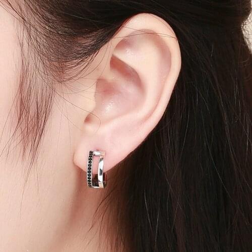 BISAER Classic 925 Sterling Silver Black CZ Cubic Zircon Stud Earrings for Women Vintage Fashion Silver Earrings Jewelry ECE444