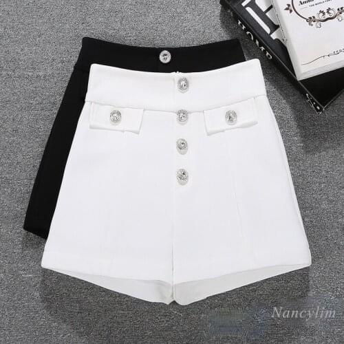 Rhinestone Buttons Shorts Women Summer 2021 New Korean Style Retro High Waist Slimming All-Matching Wide Leg White Short Femme