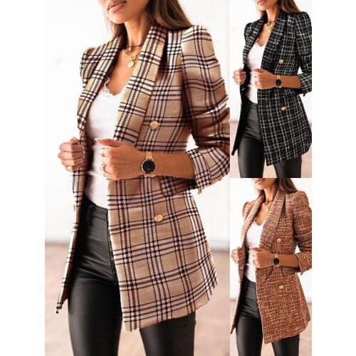 Lady suit collar blazer jacket casual double-breasted Plaid suits coat slim Office women Elagant chic coats spring 2021