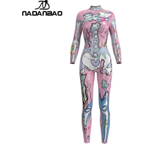 NADANBAO Halloween Pink Cosplay Costumes For Women Skeleton Print Catsuits Adult Fashion Gothic Bodysuits One-piece Clothing