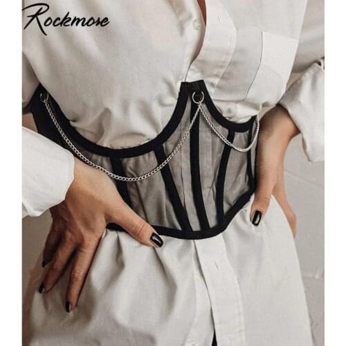 Rockmore Mesh Chain Bustier Top Streetwear Female Black Lace Up Rave Corset Crop Top Women Summer Sexy Tops Party Clothes 2021