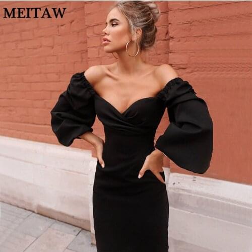 Women High Waist Dress 2020 Autumn Elegant Off Shoulder Lantern Sleeve Midi Dress Sexy V Neck Bodycon Party Dresses