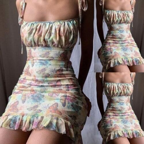 Summer Fashion Sexy Women´s Butterfly Print Tube Top Dress Chiffon Ruffled Sling Mini Dress