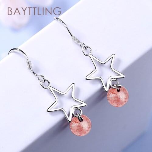 BAYTTLING 35MM 925 Sterling Silver Elegant Stars Round Beads Strawberry Crystal Drop Earrings For Women Wedding Jewelry Gifts