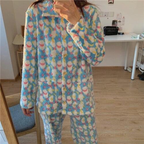 2021 Chic Flannel Printing Nightwear Two Piece Suit Sets Sweet Soft Casual Homewear Round-Neck Loose Fashion Pajamas Cartoon