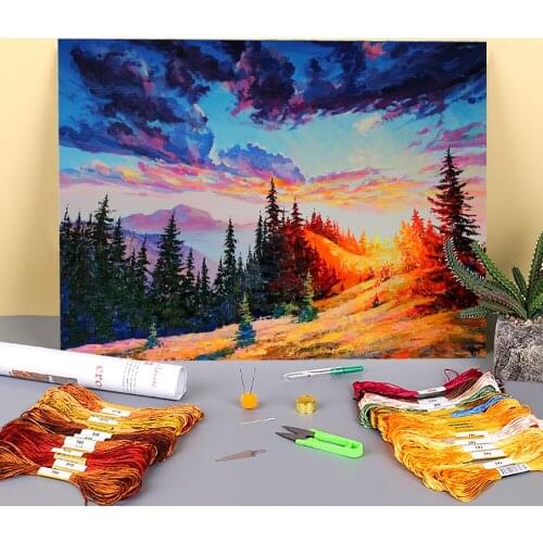 Landscape Sunset Printed Canvas 11CT Cross-Stitch Patterns Embroidery DMC Threads Sewing Craft Hobby work Stamped Wholesale