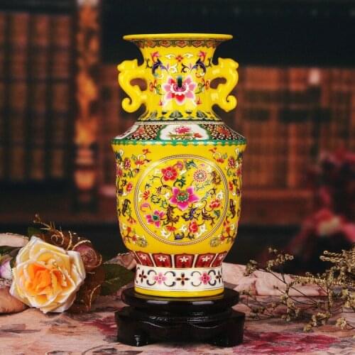 Jingdezhen ceramic vase yellow enamel vase modern decoration Home Furnishing Jinzhong binaural display