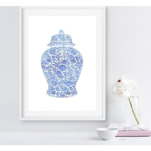 Chinese Ginger Jar Print Blue and White Chinoiserie Waterolor Canvas Art Painting Wall Art Picture Poster Hampton Style Decor