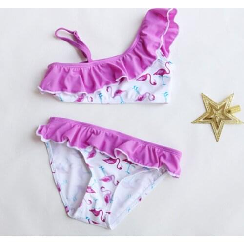 2-14Years Children Two Pieces Swimsuit Flamingo Print Split Bathing Suit Kids Baby Girl Swimwear One Shoudler Ruffles Beachwear