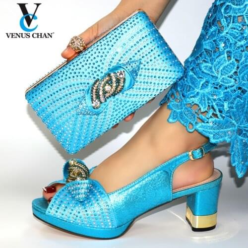 Blue Color 2020 Summer Newest Italian Design Italian Women Shoes Matching Bag Decorate with Rhinestone Nigerian Lady Shoes