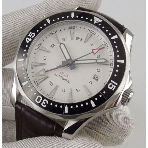 41mm Self Winding Men Watch Automatic GMT Movement Sapphire Glass Leather Strap Date Window