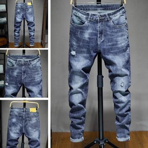 Mens Fashion Plus Size Straight Jeans Mens Personalized Ripped Jeans