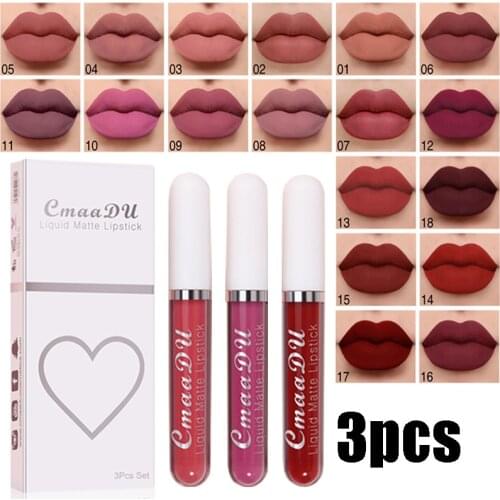 3Pcs Matte Liquid Lipsticks Set Waterproof Long Lasting Sexy Nude Lip Gloss Non-Stick Cup Makeup Pink Red Velvet Lip Stick