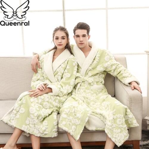 Queenral Bathrobe Night Male/Female Nightgown Lovers Couple Dressing Gown Winter Thick Warm Female Nightwear Lingerie