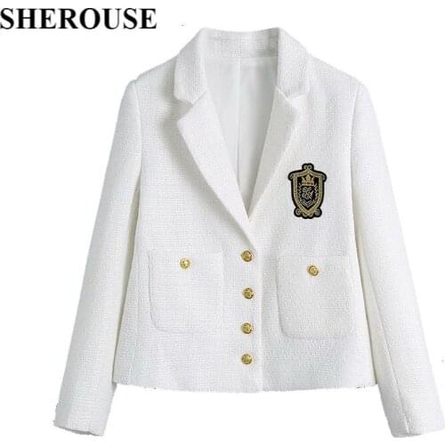 2021 New Women Tweed Blazers Solid Button Long Sleeve Notched Neck Preppy Style Blazers Chic Lady Fashion Casual Women Clothes