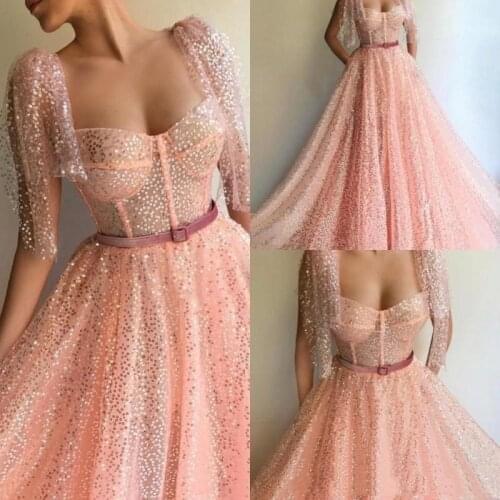 New Arrival 2021 Elegant Prom Dress Sweetheart Short Sleeves Party Gowns Custom made A Line Sequin Lace Formal Evening Dress