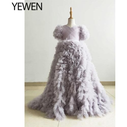 New V Neck First Communion Dresses for Girls flower girl dresses for weddings Princess Party Dress Photo shooting Dress YEWEN