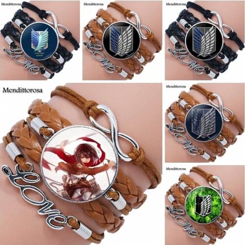 Attack on Titan Levi Ackerman Jewelry Multilayer Black/Brown Leather Bracelet Bangle With Glass Cabochon Jewelry For Women Kids