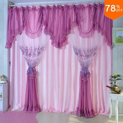 Pink Quality embroidered lace curtain purple window finished Curtain screening dodechedron belt finished product violet Curtains