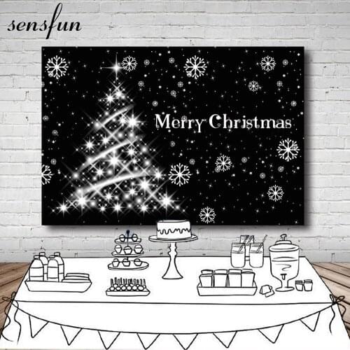 Sensfun Christmas Backdrop White Snowflake Christmas Tree Black Photography Backgrounds Merry Christmas Photo Customized 7x5FT