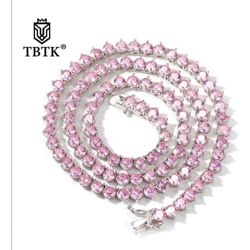TBTK Necklace For Women New Style 4mm Pink CZ Tennis Chain Fashion Bling Bling Cubic Zirconia Hiphop Jewelry Birthday Present