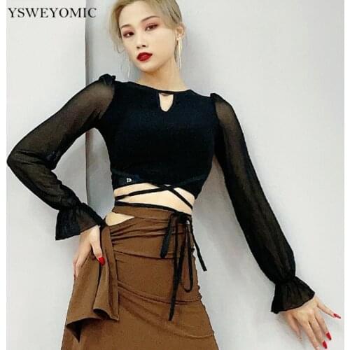 Latin Dance Top Women Black Mesh Long Sleeve Latin Dance Tops for Ballroom Samba Tango Chacha Dancing Performance Y184
