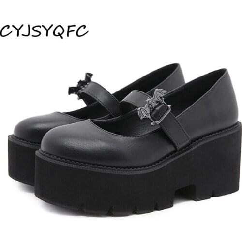 CYJSYQFC Vintage Lolita Bat Platform Mary Jane Shoes Women Block Heels Punk Gothic Buckle Thick Bottom Lady Pumps Plus Size 43
