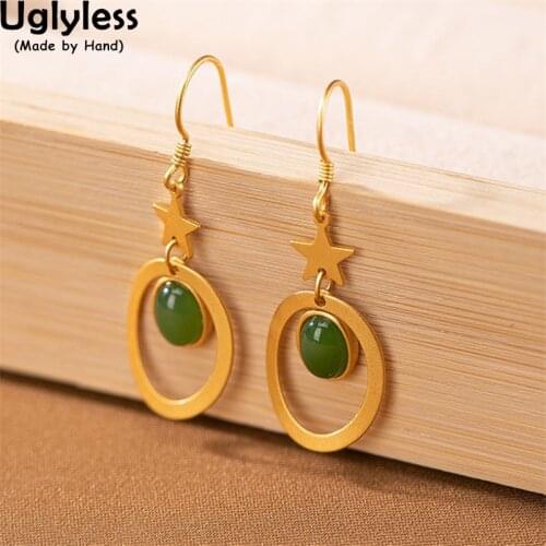 Uglyless Oval in Oval Hollow Geometric Simple Dress Earrings for Girls Students Jasper Jewelry Lovely Stars Earrings 925 Silver