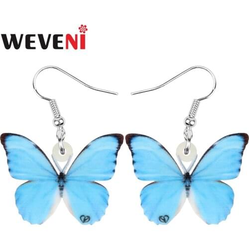 WEVENI Acrylic Blue Morpho Butterfly Earrings Long Print Insect Animal Dangle Drop Jewellery For Women Girls Kids Novelty Gift