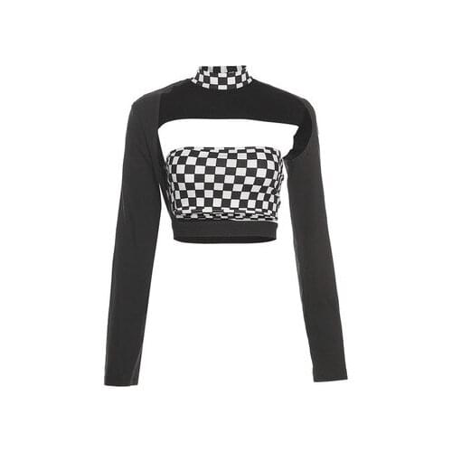New Autumn Winter Fashion Hollow Out Black White Splicing T-shirt Women Sexy High Neck Slim Expose Navel Long Sleeves Top