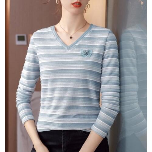 Bow Badge T Shirt Women Striped T-shirt Cotton Long Sleeve Woman Clothes Fashion 2021 Summer Tops Korean Style Tee Shirt Femme