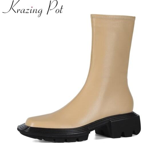 Krazing Pot fashion genuine leather med heels winter shoes platform square toe zipper office lady concise women mid-calf boots