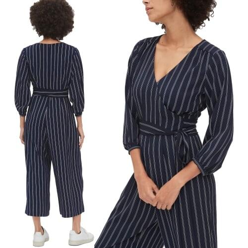 Casual Dark Blue Jumpsuits Striped V-neck Rompers High Waist Women Clothes Office Lady Playsuit Fashion Loose One Piece Outfits
