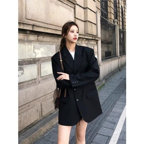 2021 Korean Version Of Womens Casual Japanese Style Loose Classic Suit Blazer All-match Oversize Pure Black Slim Coat пальто
