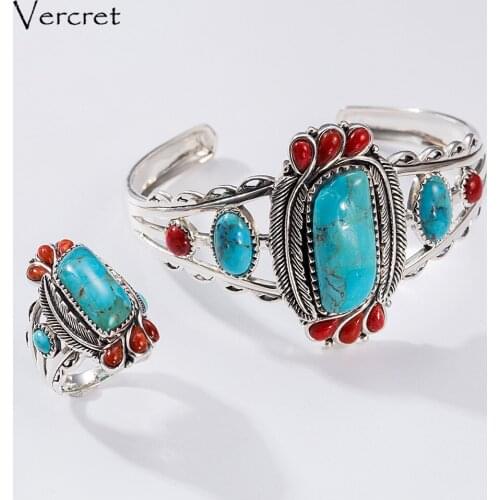 Vercret 925 Silver Bohemia Ring Natural Turquoise Stone 100% Pure S925 Sterling Solid Silver Rings for Women Jewelry