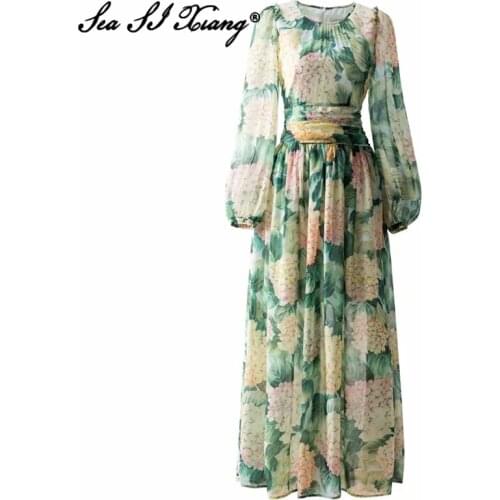Seasixiang Fashion Designer Autumn Chiffon Maxi Dress Women Lantern Sleeve Folds Flower Print Bohemian Floor-Length Dresses