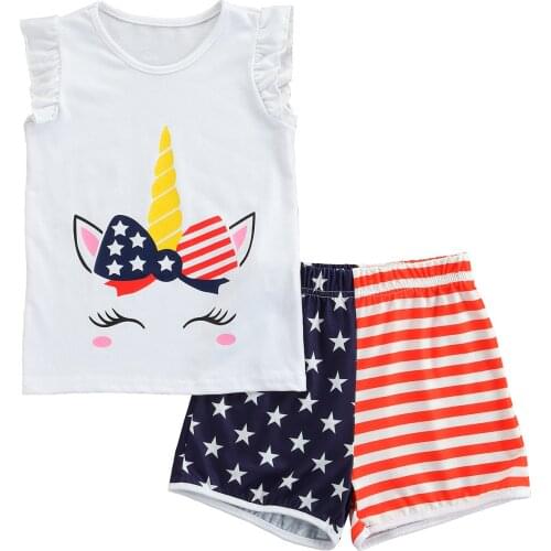 Independence Day Children Clothing Summer Kid Baby Girl Clothes Outfit Cartoon Sleeveless Top Tanks Star Stripe Printed Shorts