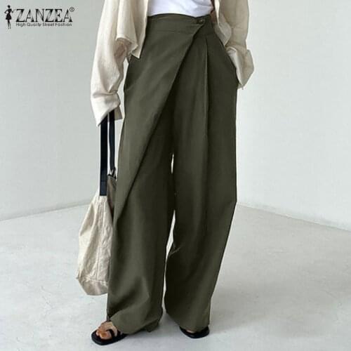 Elegant Women Wide Leg Trousers ZANZEA 2021 Pleated Pants Elastic Waist Casual Long Pantalon Palazzo Female Solid Autumn Turnip
