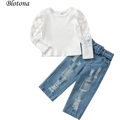 Blotona Little Girls T-shirt and Trousers Suit Solid Color Lace Dots Long Sleeve Pullover Tops and Ripped Denim Pants, 1-5Years