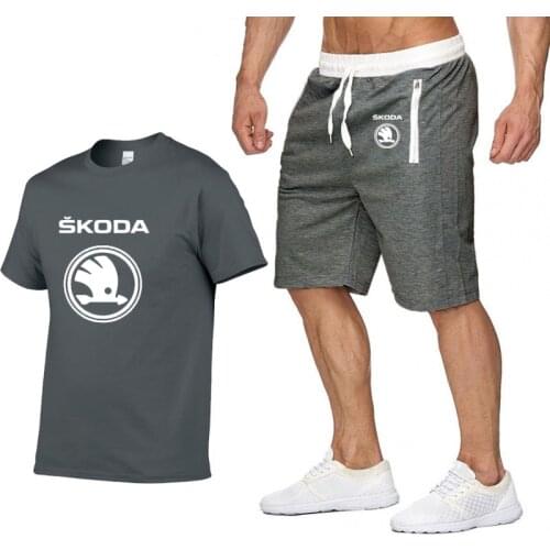 Mens Short sleeve Skoda Car Logo Summer Mens t Shirt HipHop Harajuku T-Shirt high quality Cotton T Shirts shorts suit Sportswear