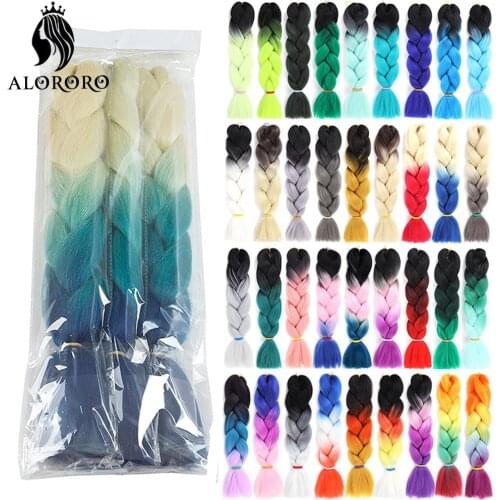 Alororo Synthetic Kanekalon Hair 24 Inch Ombre Extensions Hair for Braids Afro Blue Pink Purple Crochet Braiding Hair Wholesale
