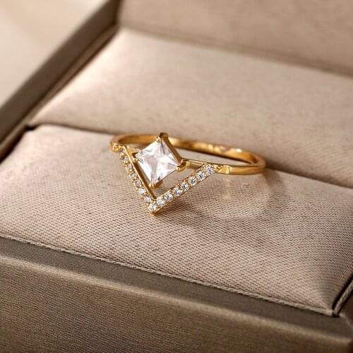 Square Zircon Rings for Women Stainless Steel Luxury Crystal Ring Female Wedding Band Aesthetic Jewelry couple Gifts bague femme