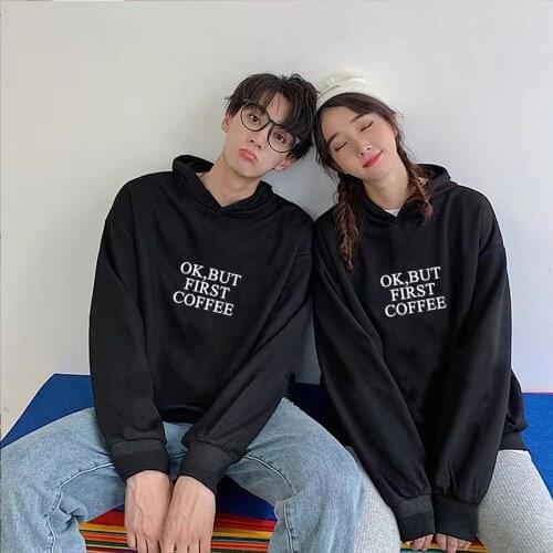 Korean Fashion New Ok,but First Coffee Letter Print Sweatshirt Women Pink Couple Hoodies Lovers Men Hooded Pullovers Tracksuits