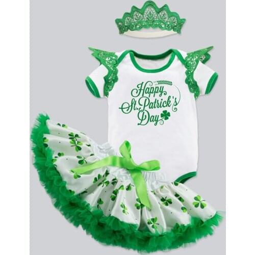 ST Patricks Day Costume Baby Girls Outfit Bebe Kids Lace Romper Tutu Jumpsuit Overall Children Baby Infant Clothing 2PCS White
