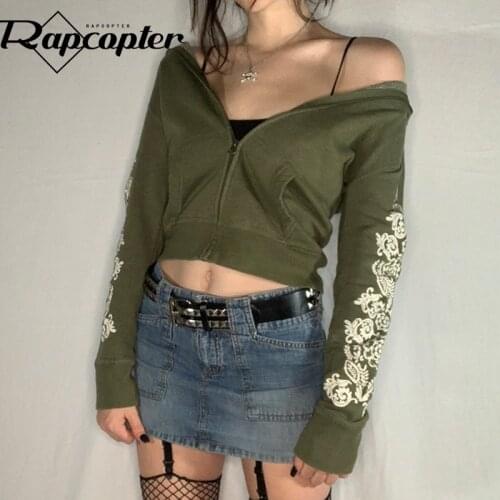 Rapcopter y2k Floral Jackets Green Vintage Long Sleeve Coat Hooded Casual Basic Harajuku Cropped Outwear Women Autumn Winter Top